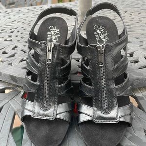 Black leather wedge open toe sandals by Life Stride